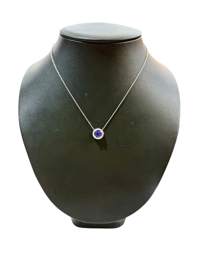 PLAT T&CO SAPHIRE & DIAMOND HALO PENDANT 18" CHAIN