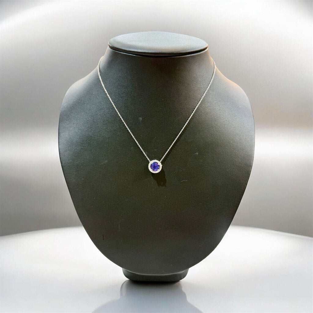 PLAT T&CO SAPHIRE & DIAMOND HALO PENDANT 18" CHAIN