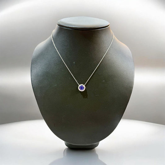 PLAT T&CO SAPHIRE & DIAMOND HALO PENDANT 18" CHAIN