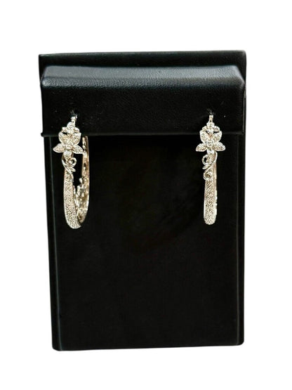 SS ILLUSION SINGLE CUT DIAMOND FLOWER SCROLLING OVAL HOOP EARRINGS