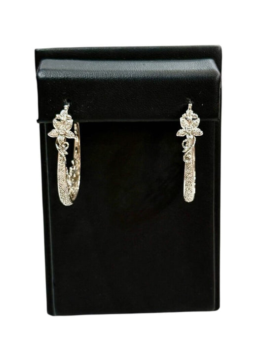SS ILLUSION SINGLE CUT DIAMOND FLOWER SCROLLING OVAL HOOP EARRINGS