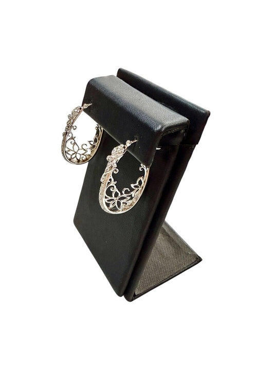 SS ILLUSION SINGLE CUT DIAMOND FLOWER SCROLLING OVAL HOOP EARRINGS