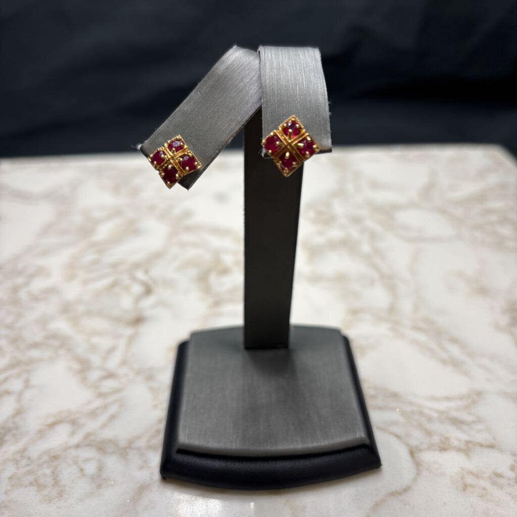 14KT YG RUBY MULTI STONE STUD EARRINGS NO BACKS