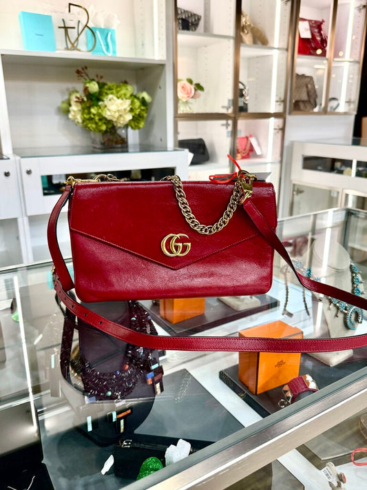 GUCCI DOUBLE TOP HANDLE BAG MEDIUM RED &BLK ENVELOPE STYLE CROSS BODY BAG