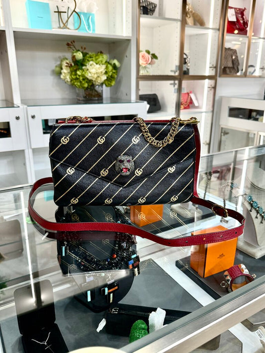 GUCCI DOUBLE TOP HANDLE BAG MEDIUM RED &BLK ENVELOPE STYLE CROSS BODY BAG