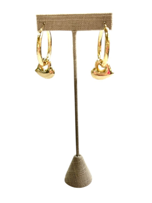 14KT YG HOLLOW LARGE HOOP EARRINGS W/HOLLOW HEART DANGLES
