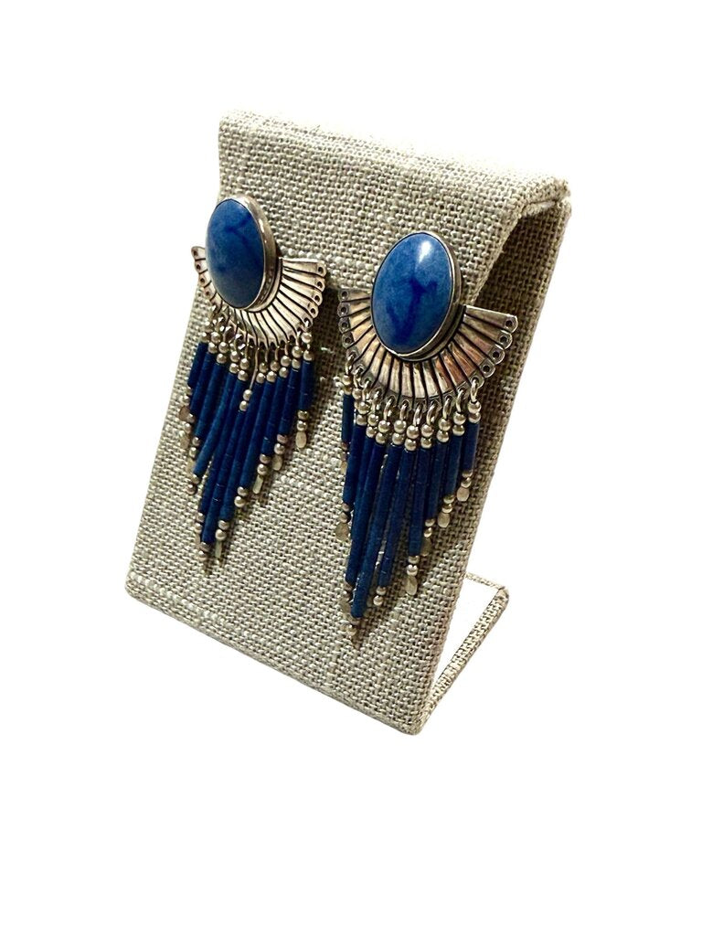 SS LAPIS OVAL BEZEL SET NATIVE DROP EARRINGS