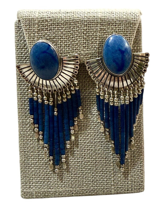SS LAPIS OVAL BEZEL SET NATIVE DROP EARRINGS