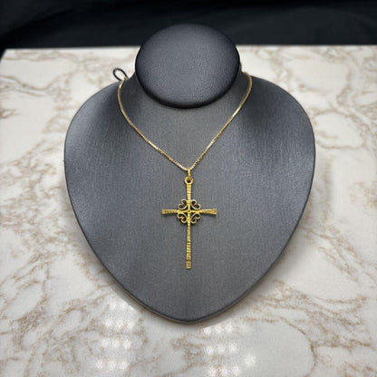 18KT YG SCROLLING CROSS PENDANT ON 18" SS/GP CHAIN