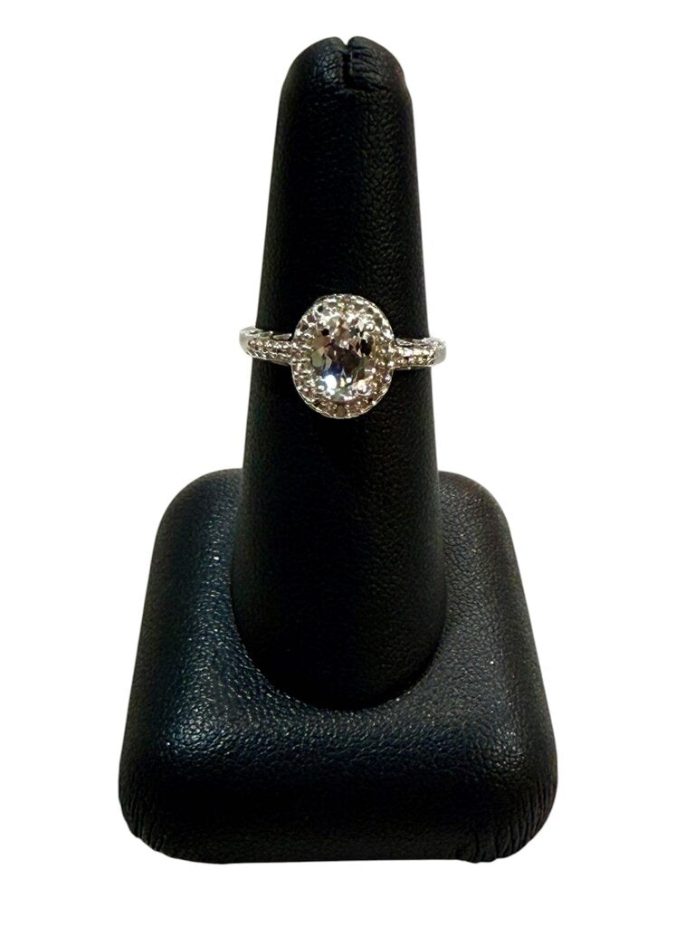 SS OVAL WHITE TOPAZ HALO STYLE RING SZ 7