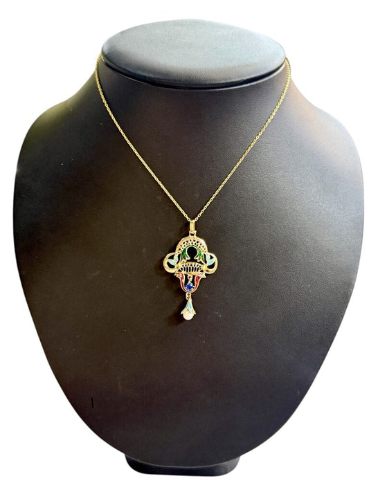 14KT YG SS/GP CHAIN ENAMEL PEARL INDIA DESIGN PENDANT