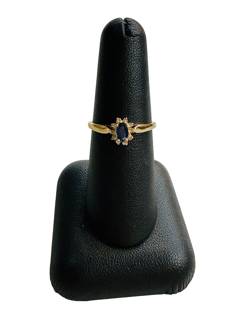 14KT YG OVAL SAPPHIRE CTR W/RB HALO RING SZ 7