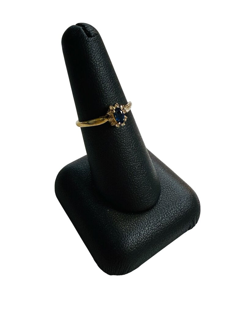 14KT YG OVAL SAPPHIRE CTR W/RB HALO RING SZ 7