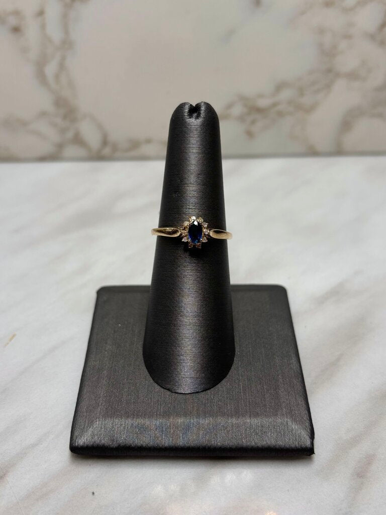14KT YG OVAL SAPPHIRE CTR W/RB HALO RING SZ 7