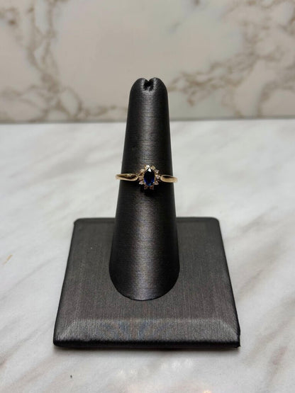 14KT YG OVAL SAPPHIRE CTR W/RB HALO RING SZ 7