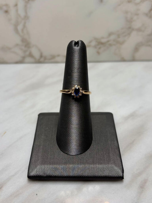 14KT YG OVAL SAPPHIRE CTR W/RB HALO RING SZ 7