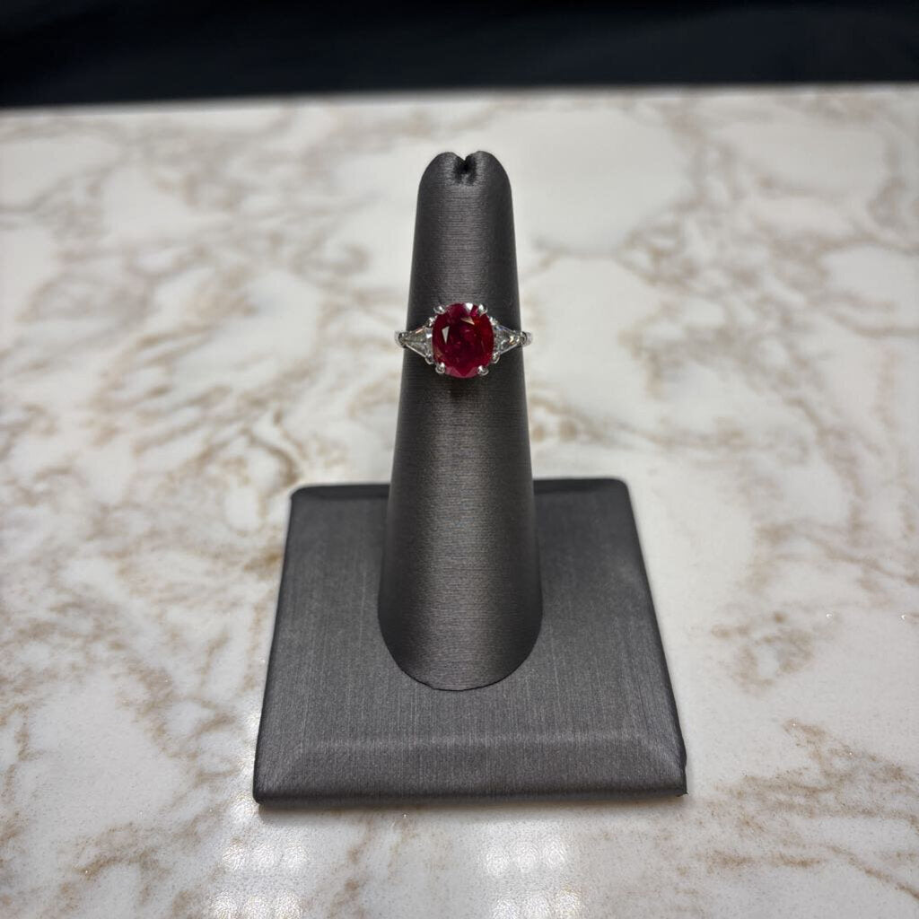 PLAT LARGE OVAL RUBY W/TRILLION CT DIAMONDS