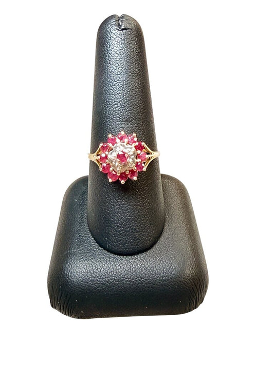 14KT YG RUBY & DIA CLUSTER RING SZ 9