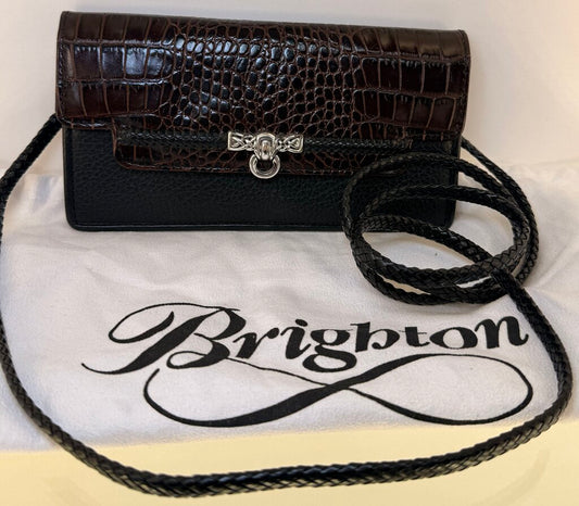 BRIGHTON BLK/BROWN LEATHER WALLET ON STRAP CROSSBODY