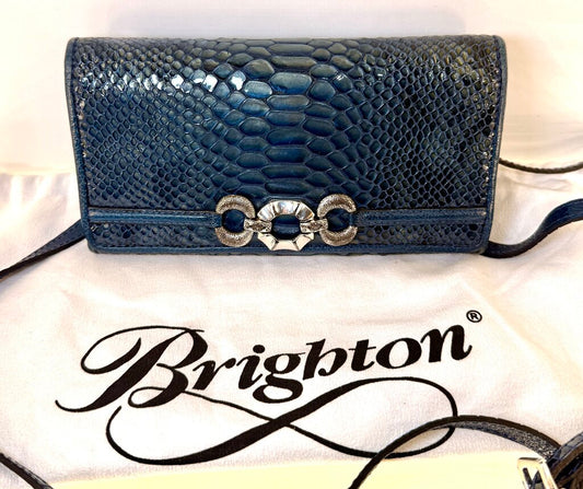 BRIGHTON GREEN/BLUE SNAKE SKIN LOOK TRI FOLD WALLET ORGANIZER CROSSBODY