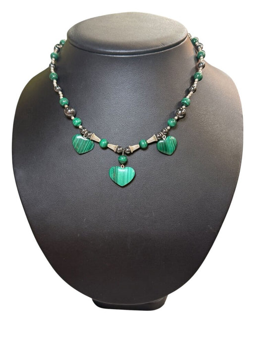 SS MALACITE & HEMATITE HEART NECKLACE