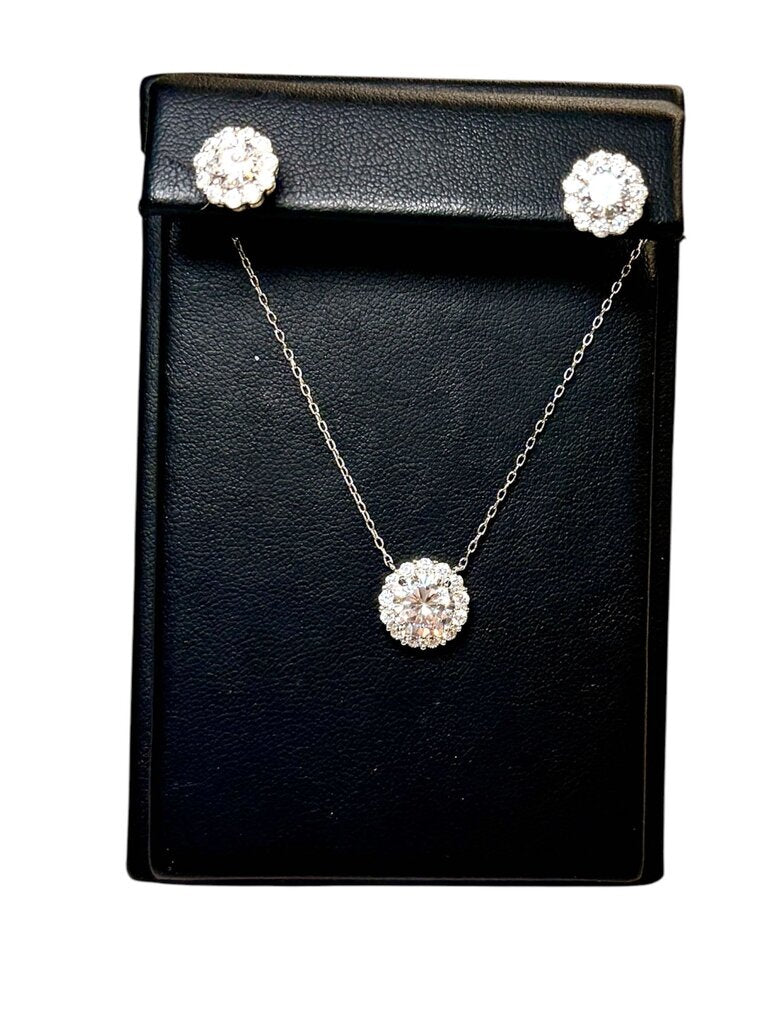 SS CZ HALO STUD EARRINGS & HALO STYLE NECKLACE SET