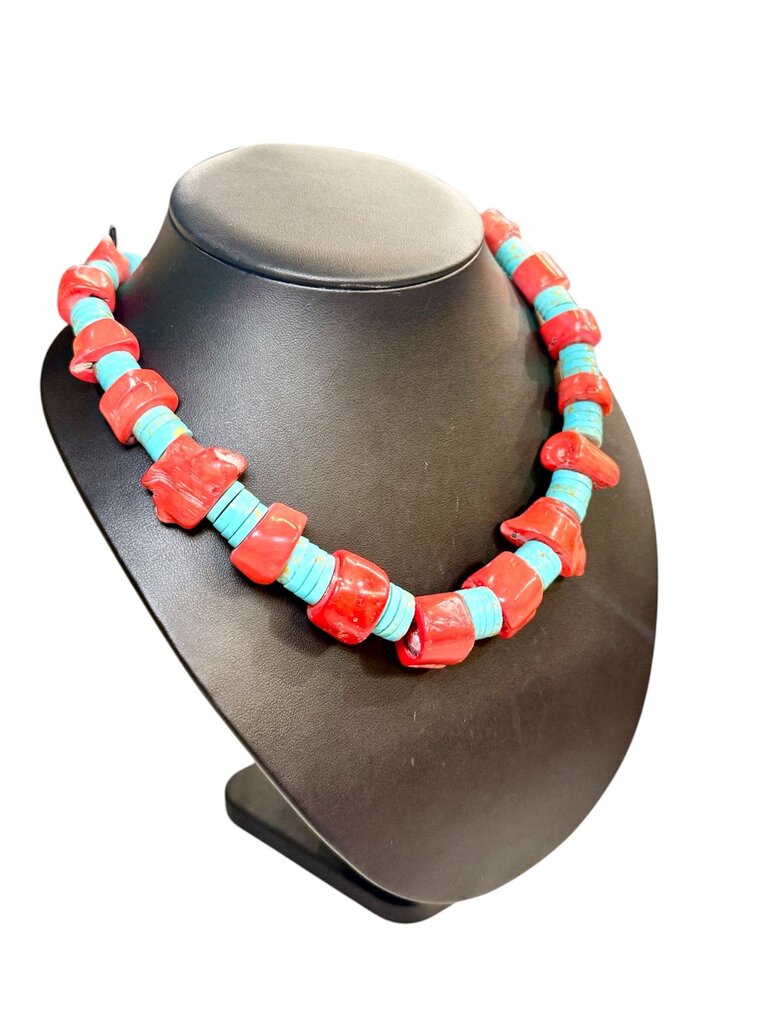 SS DYED SPONGE CORAL W/TURQ BEADED NECKLACE 30"