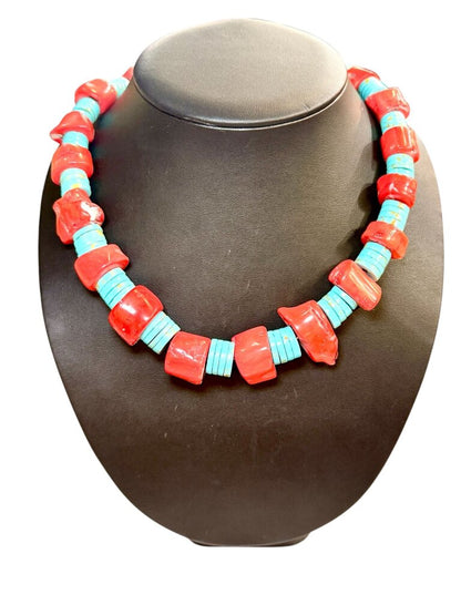 SS DYED SPONGE CORAL W/TURQ BEADED NECKLACE 30"
