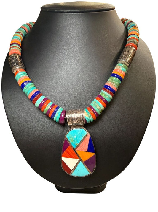 SS OSAVIO CRESPIN SR TURQ INLAY CORAL WHITE SHELL W/MULTI COLOR STRAND SPINY OYSTER LAPIS CORAL NECKLACE