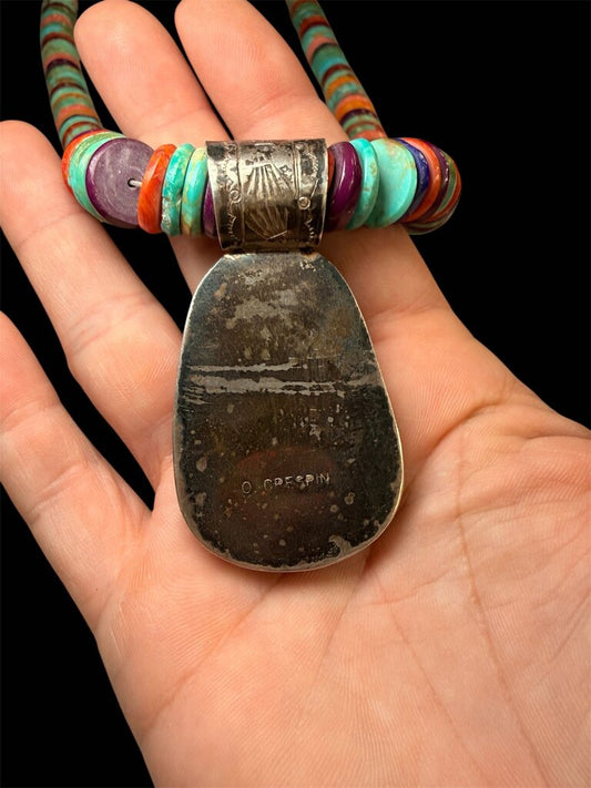 SS OSAVIO CRESPIN SR TURQ INLAY CORAL WHITE SHELL W/MULTI COLOR STRAND SPINY OYSTER LAPIS CORAL NECKLACE