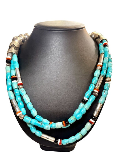 SS TOMMY SINGER TRIPLE STRAND TURQ CORAL ONYX BEADED NECKLACE 28"