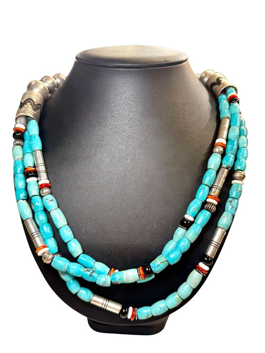 SS TOMMY SINGER TRIPLE STRAND TURQ CORAL ONYX BEADED NECKLACE 28"