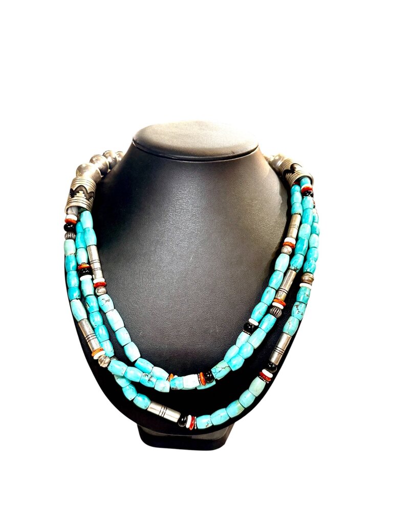 SS TOMMY SINGER TRIPLE STRAND TURQ CORAL ONYX BEADED NECKLACE 28"