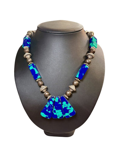SS AZURITE GREEN MALACHITE STONE W/SS BEADS NECKLACE 32"