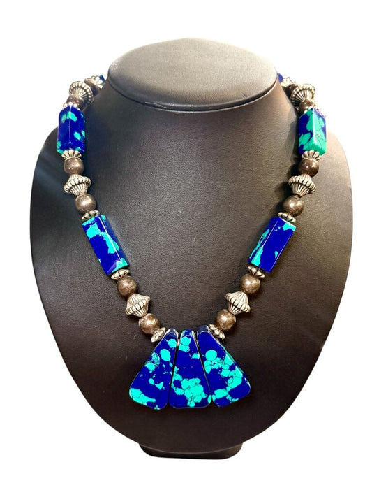 SS AZURITE GREEN MALACHITE STONE W/SS BEADS NECKLACE 32"