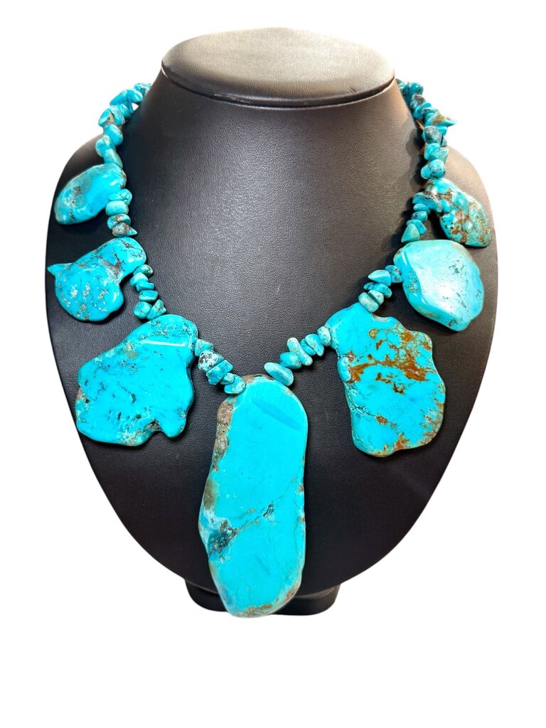 SS TURQ LARGE SLAB GRADUATED STYLE NECKLACE 24"
