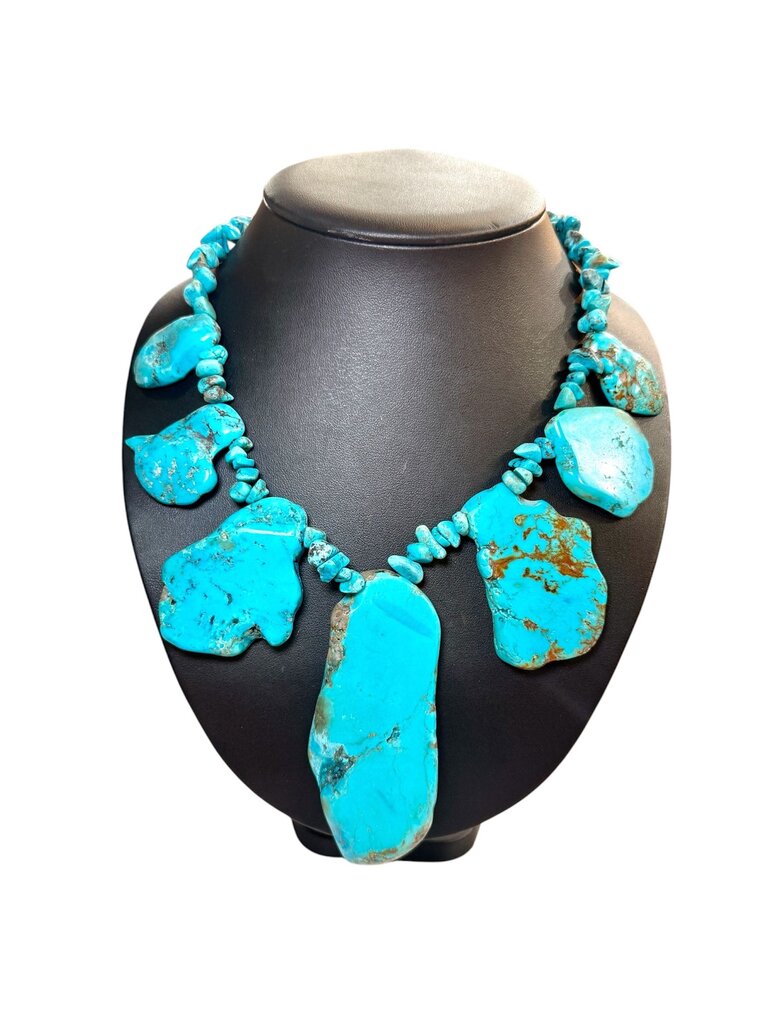 SS TURQ LARGE SLAB GRADUATED STYLE NECKLACE 24"