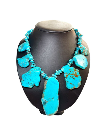 SS TURQ LARGE SLAB GRADUATED STYLE NECKLACE 24"