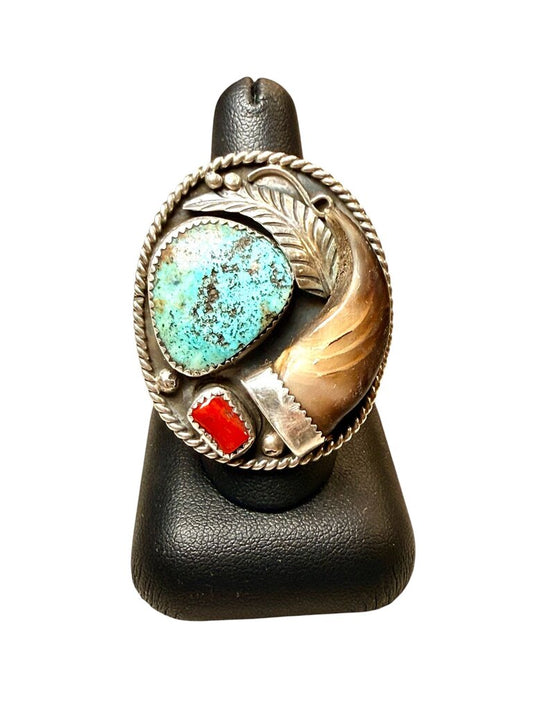 SS TURQ CORAL BEAR CLAW NAVAJO RING SZ 9