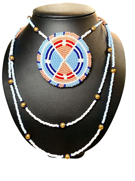 NATIVE AMERICAN BEADED MEDALLION NECKLACE 3STRANDS BRASS BEADS