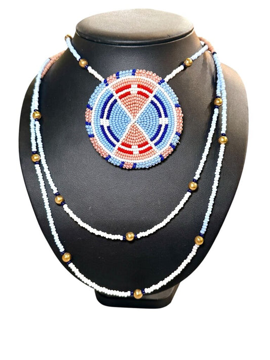 NATIVE AMERICAN BEADED MEDALLION NECKLACE 3STRANDS BRASS BEADS