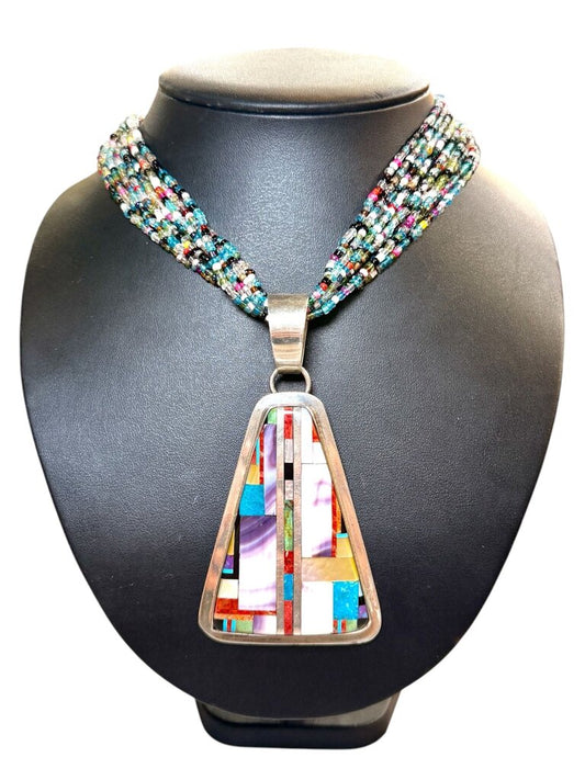 SS SANTO DOMINGO DANIEL CORIZ INLAY PENDANT ON MULTI STRAND COLOR BEADS