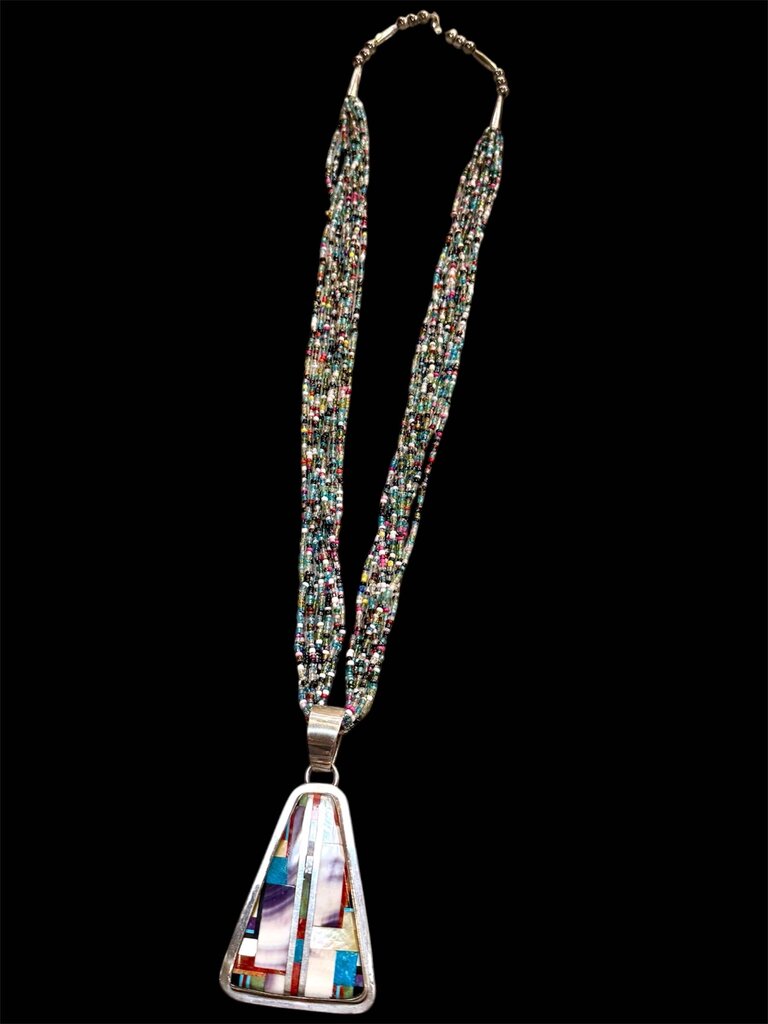 SS SANTO DOMINGO DANIEL CORIZ INLAY PENDANT ON MULTI STRAND COLOR BEADS