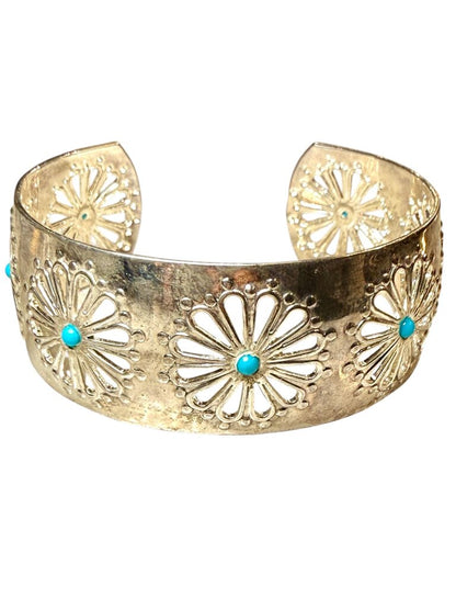 SS TURQ FLOWER DESIGN CUFF BRACELET