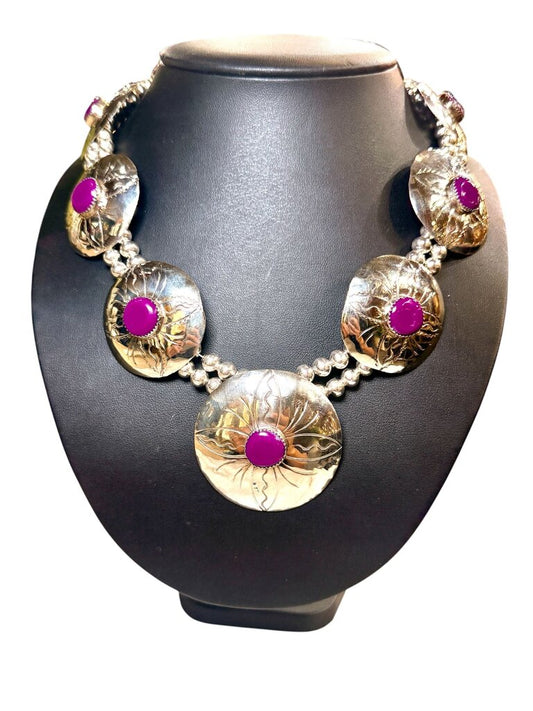 SOUTH WESTERN CONCHO DISC CABACHAN PURPLE STONE NECKLACE W/MATCHING EARRINGS