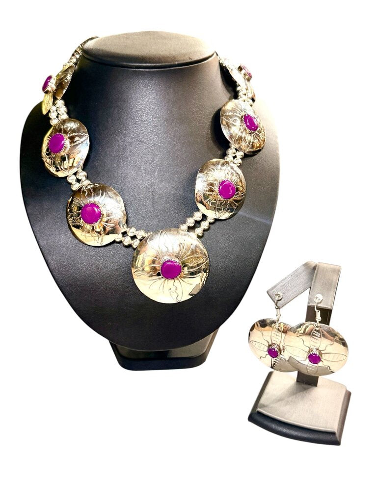 SOUTH WESTERN CONCHO DISC CABACHAN PURPLE STONE NECKLACE W/MATCHING EARRINGS