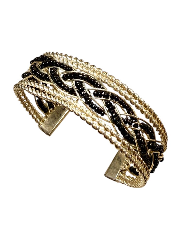 SS BLACK ONYX BEADS ROPE CUFF BRACELET