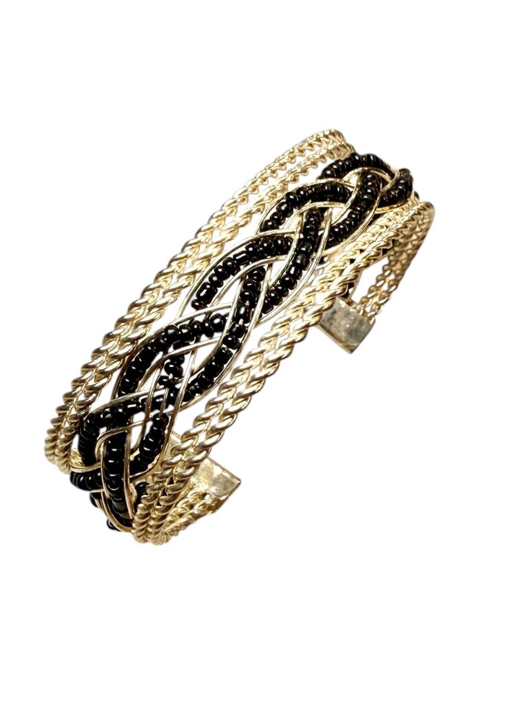 SS BLACK ONYX BEADS ROPE CUFF BRACELET