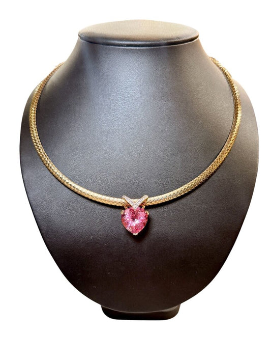 SS/GP OMEGA CHAIN W/14KT YG LARGE PINK HEART SLIDE