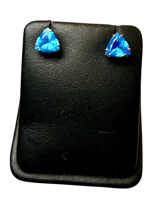 SS TRILLION CUT CREATED BLUE SAPPHIRE STUD EARRINGS